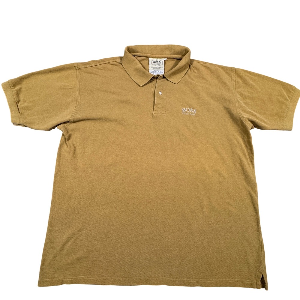 Vintage Hugo Boss Mens XL Polo Shirt Tan Mustard Cotton Pique Hong Kong Made‎
